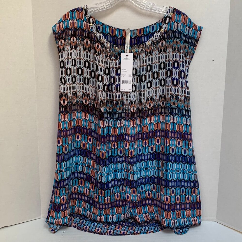 NWT NY Collection Womens Size Medium Sleeveless Blue and Black Pullover Blouse